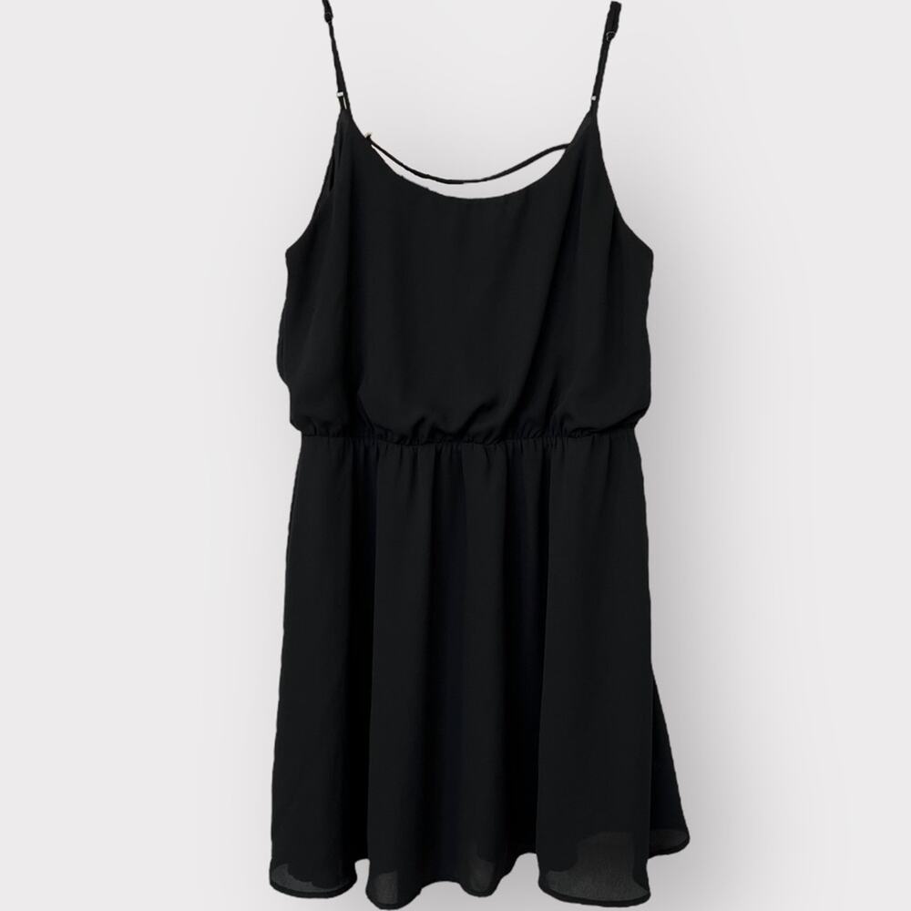 Everly | Black Mini Dress | Cami Spaghetti Strap | V Back | Gathered Waist Large